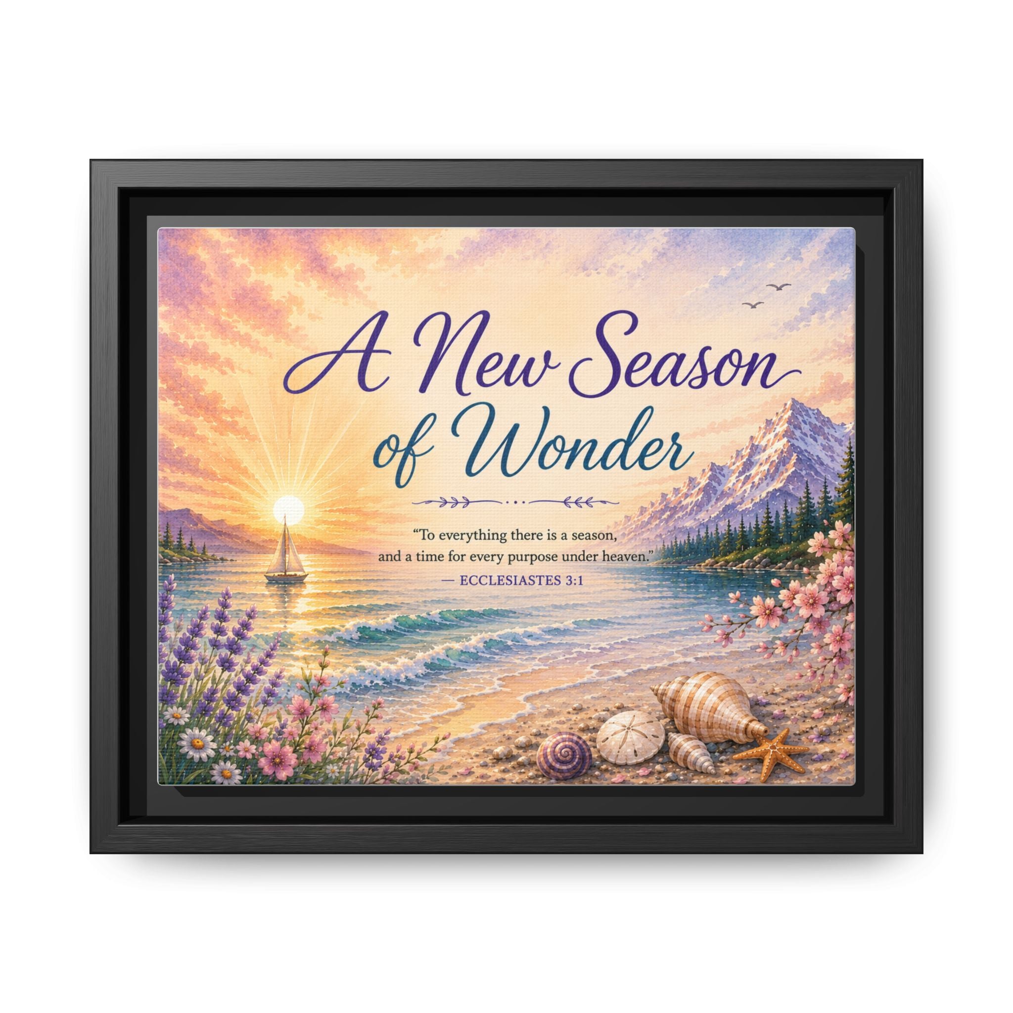 A New Season of Wonder Framed Canvas Art — Inspirational Beach Sunset Wall Decor